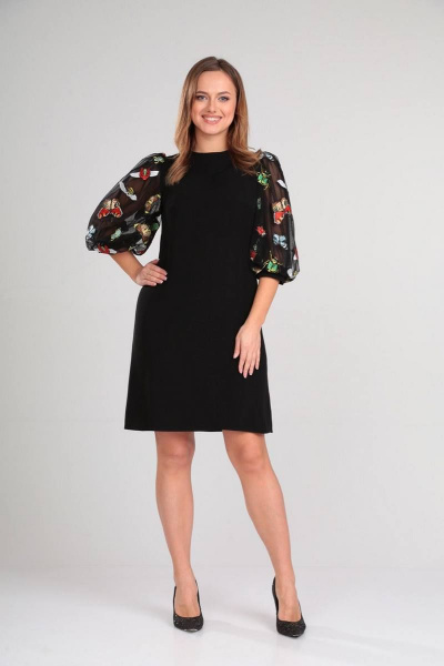 Классическое платье А-силуэта с пышными рукавами и молнией Gamma Gracia 521 черный-жуки-бабочки - фото 4