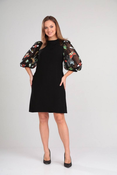 Классическое платье А-силуэта с пышными рукавами и молнией Gamma Gracia 521 черный-жуки-бабочки - фото 1