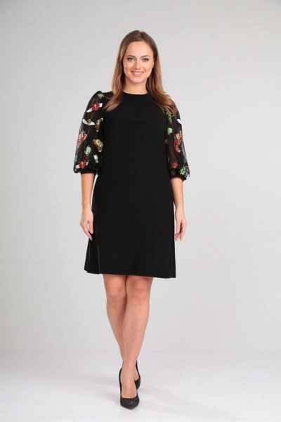 Классическое платье А-силуэта с пышными рукавами и молнией Gamma Gracia 521 черный-жуки-бабочки - фото 2