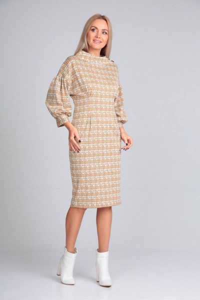 Платье и ремень в стиле кэжуал из трикотажа с складками Gamma Gracia 600 бежевый-клетка - фото 2