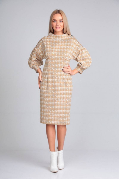 Платье и ремень в стиле кэжуал из трикотажа с складками Gamma Gracia 600 бежевый-клетка - фото 1
