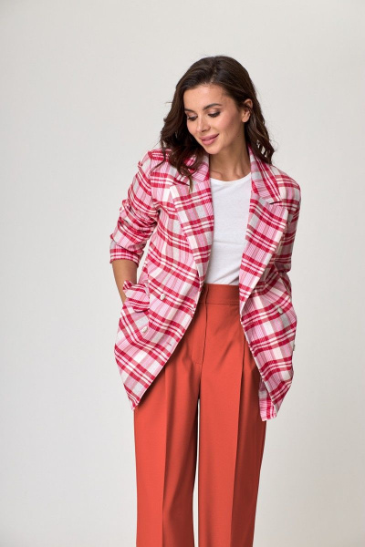 Стильный оверсайз жакет в клетку из шерстяной ткани Anelli 937 красный_клетка - фото 1