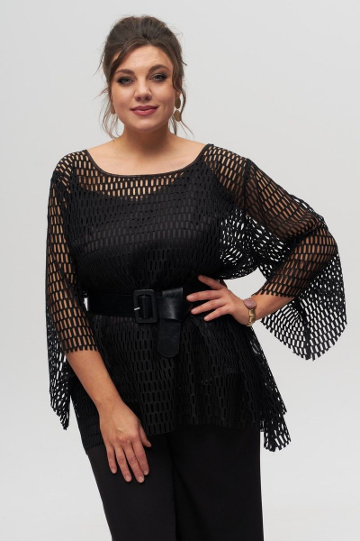 Блуза черного цвета с длинным рукавом ¾ из сетки Anelli 1329 черный/крупная_сетка. - фото 4