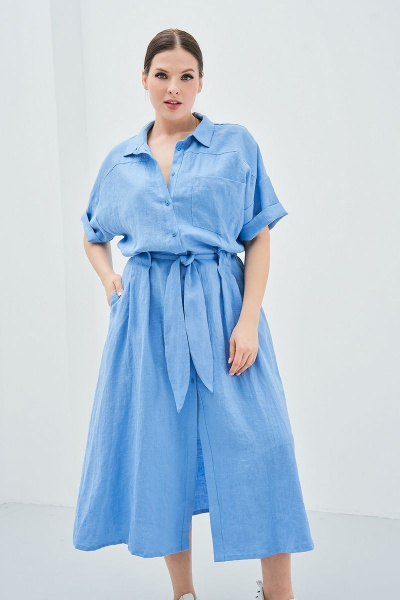 Свободное платье из льна с карманами, центральной застежкой и поясом Art Ribbon M3618P_1 - фото 3