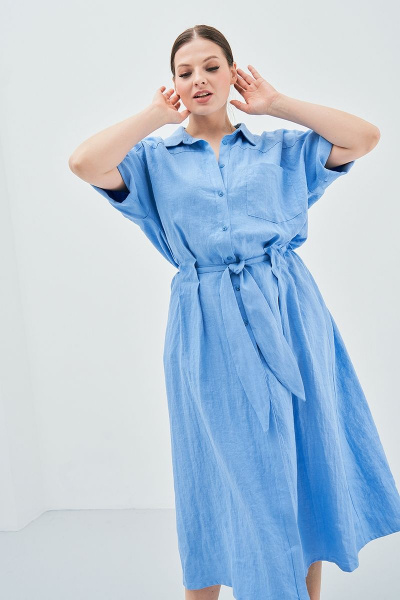 Свободное платье из льна с карманами, центральной застежкой и поясом Art Ribbon M3618P_1 - фото 1