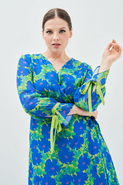 Льняное платье яркого цвета с V-образным вырезом и поясом Art Ribbon M3804P - фото 3