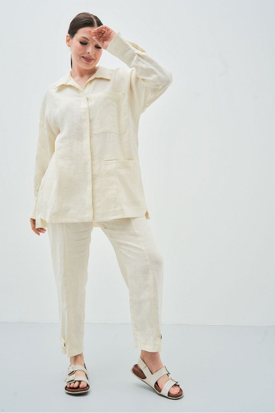 Леновый белый костюм из брюк и рубашки для лета Art Ribbon M3806 - фото 1