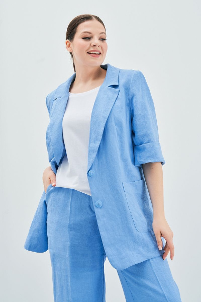 Леновый голубой костюм с жакетом и свободными брюками Art Ribbon M3813_1 - фото 2