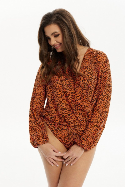 Блуза-боди из шифона с принтом, запах, сборки, складки Condra 16204 терракотовый - фото 2