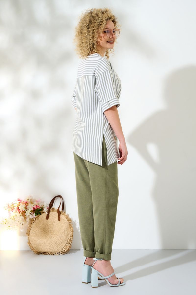 Льняной костюм из брюк и блузона с асимметричной молнией и карманами Euromoda 417 хаки-однотон - фото 2