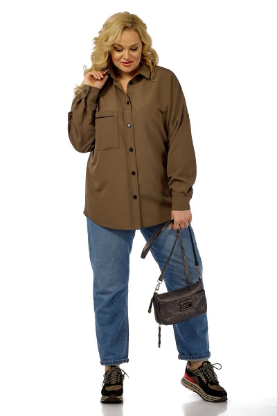 Блуза-рубашка из хлопка с накладным карманом Michel chic 769 коричневый - фото 3