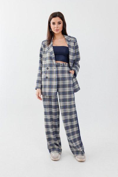 Жакет и брюки оверсайз с прорезными карманами Anelli 1297 синяя_клетка - фото 2