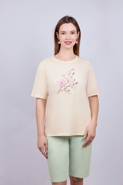Домашняя пижама из хлопка и лайкры майка оверсайз и шорты с принтом Verally 393-1 магнолия - фото 1