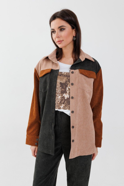 Рубашка в стиле пэчворк с кокетками и бахромой Anelli 1303 мох - фото 1