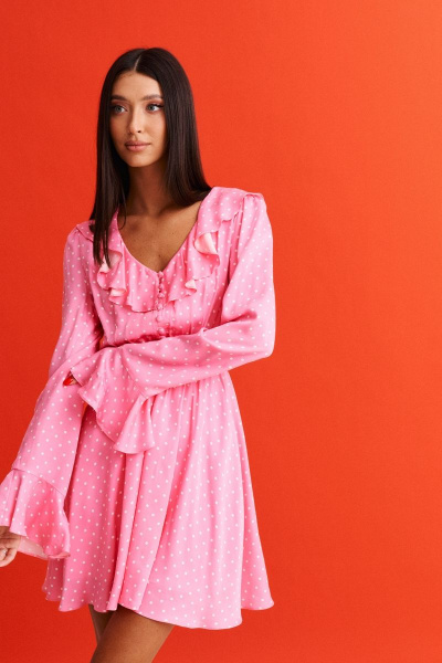 Платье из вискозы с принтом горох и воланами на рукавах ANNETE A3341 - фото 6