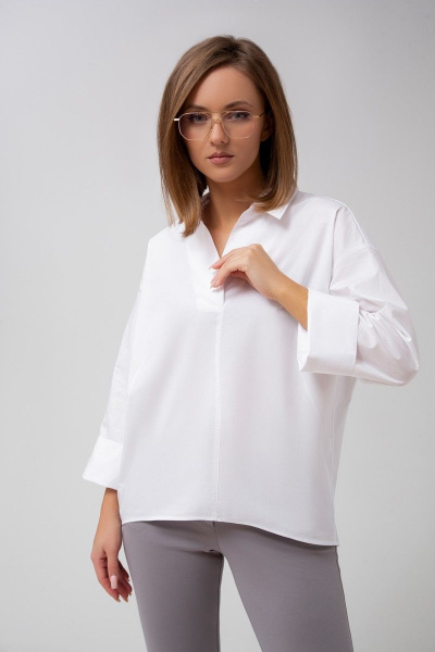 Белая блуза из хлопка с планкой и свободным кроем Mixan 2043/3 - фото 1