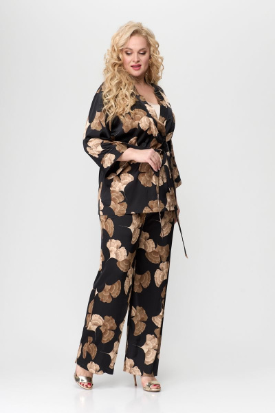 Комплект летний из шелка: жакет, топ и брюки Svetlana-Style 1775 черный+цветы - фото 1