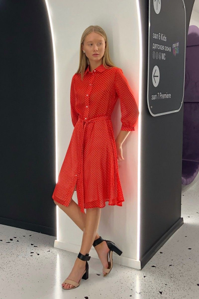 Классическое платье в белый горошек с съемным поясом и рукавом 3/4 i3i Fashion 102/2 красный_горох - фото 1