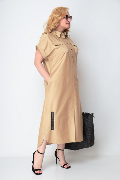 Летнее рубашечное платье из хлопка с разрезами и поясом Michel chic 993/1 песочный - фото 3