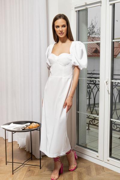 Платье миди белое с рукавами буфы в нарядном стиле AURA otd 3190 - фото 5