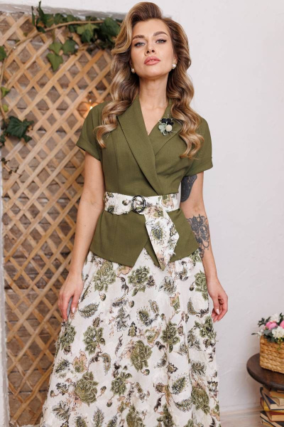 Жакет, юбка Мода Юрс 2641-1 хаки_принт - фото 4