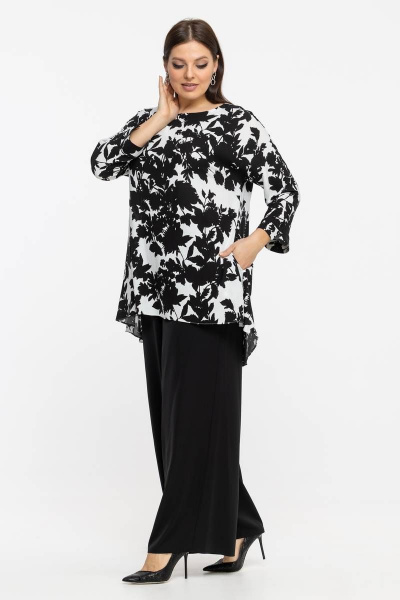 Длинная вискозная блуза-туника с карманами и рукавом 3/4 Avila 0915 черно-белый - фото 5