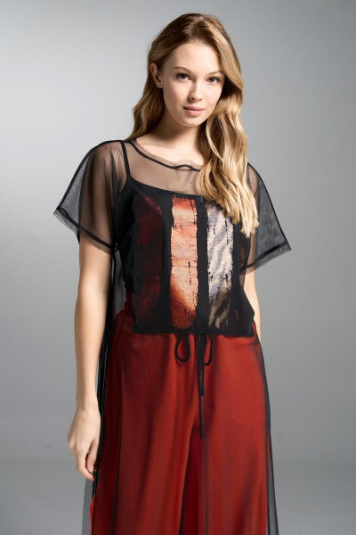 Демисезонный комплект из сетчатой туники и брюк с разрезами VI ORO VR-1031 оранжевый - фото 4