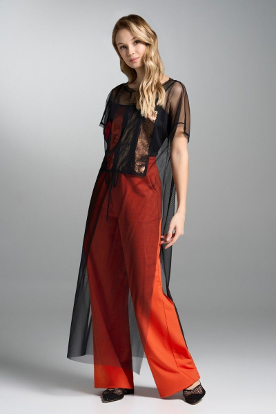 Демисезонный комплект из сетчатой туники и брюк с разрезами VI ORO VR-1031 оранжевый - фото 2