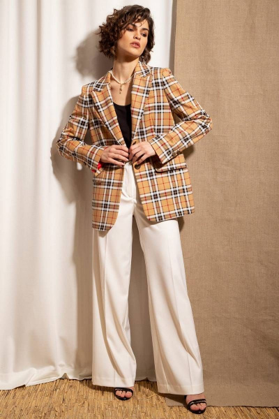 Жакет деловой в клетку из текстиля на пуговицах Nova Line 10381 бежевый - фото 1