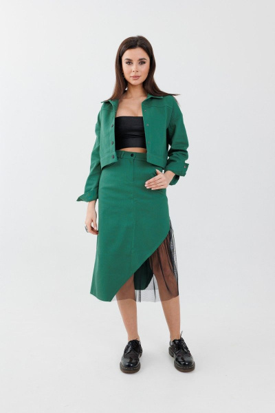 Юбка трапеция с карманами и яркими цветами Anelli 1279 изумруд - фото 5