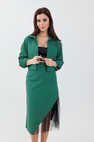 Юбка трапеция с карманами и яркими цветами Anelli 1279 изумруд - фото 3