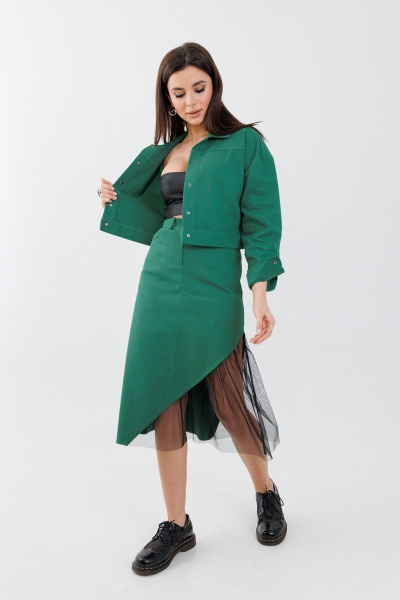Юбка трапеция с карманами и яркими цветами Anelli 1279 изумруд - фото 1