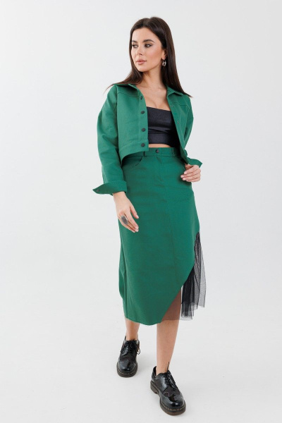 Короткий джинсовый жакет с рукавом на манжете Anelli 961 изумруд - фото 3