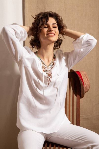 Блуза на каждый день из натуральной ткани с шнуровкой Nova Line 20717 молочный - фото 4