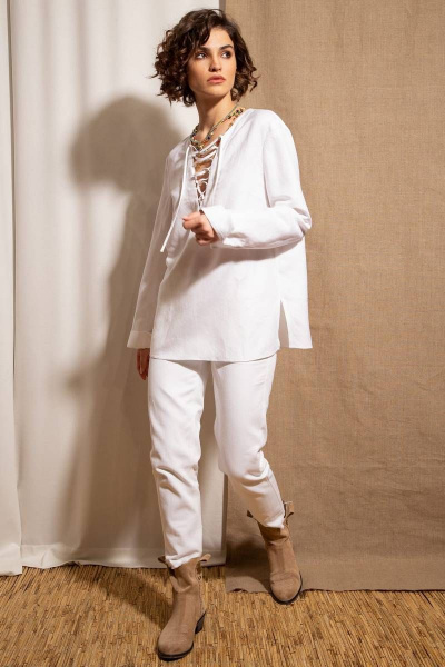 Блуза на каждый день из натуральной ткани с шнуровкой Nova Line 20717 молочный - фото 3