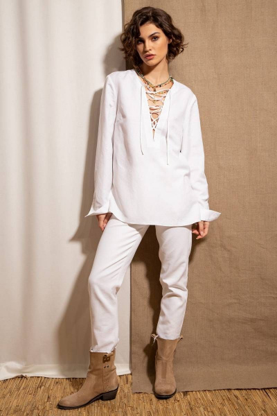 Блуза на каждый день из натуральной ткани с шнуровкой Nova Line 20717 молочный - фото 2