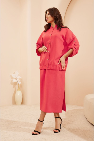 Casual костюм из текстиля с бомбером и юбкой-миди Lissana 4681 коралл - фото 10