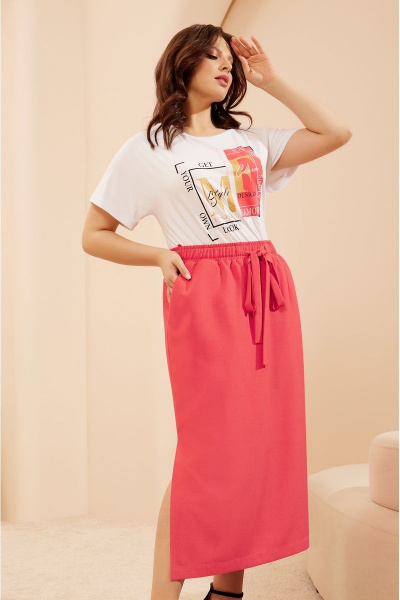 Casual костюм из текстиля с бомбером и юбкой-миди Lissana 4681 коралл - фото 8