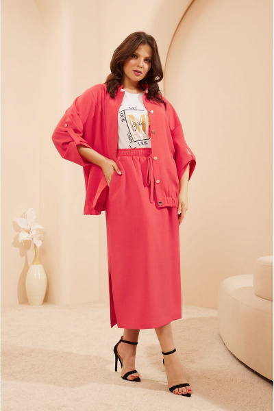 Casual костюм из текстиля с бомбером и юбкой-миди Lissana 4681 коралл - фото 1