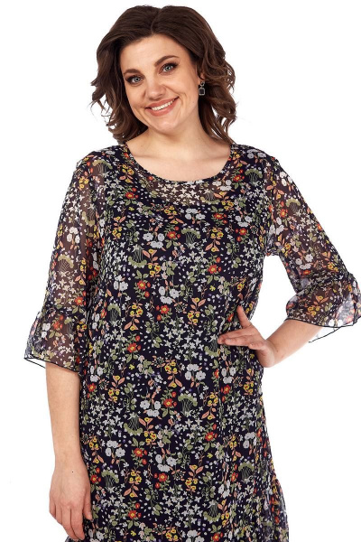 Летний комплект из туники и платья с воланами Lady Style Classic 1566/21 темно-синий/цветы - фото 2