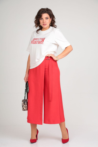 Комплект брюки-кюлоты и футболка с принтом для жарких дней Michel chic 1336 белый-красный - фото 4