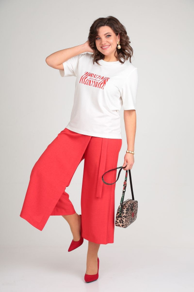 Комплект брюки-кюлоты и футболка с принтом для жарких дней Michel chic 1336 белый-красный - фото 1
