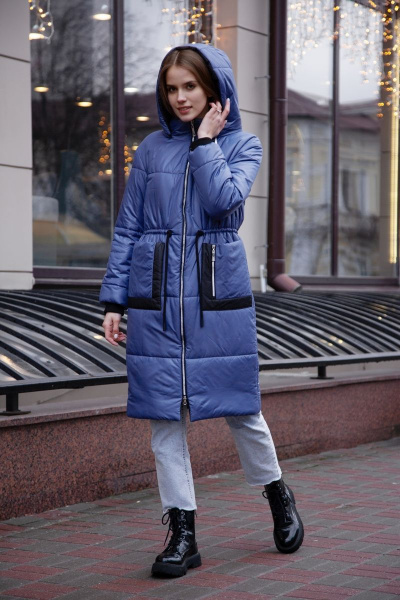Синее полупальто на синтепоне с капюшоном и отстегивающимся мехом Azzara 3088 - фото 1