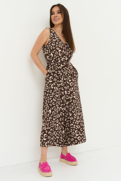 Демисезонный прямой комбинезон из вискозы с поясом Магия моды 2238 коричневый - фото 8