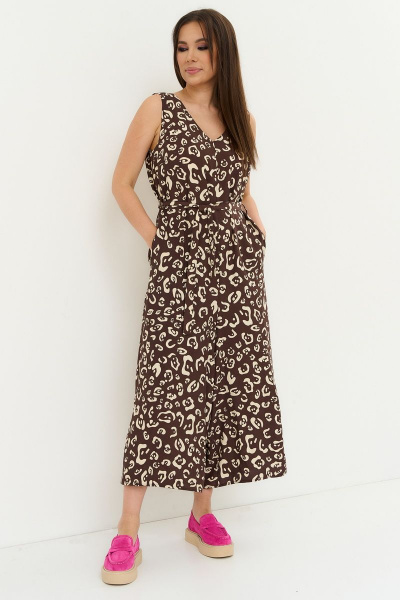 Демисезонный прямой комбинезон из вискозы с поясом Магия моды 2238 коричневый - фото 5