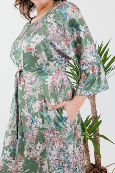 Платье прямое с V-образным вырезом и рукавами-фонариками Anelli 1071 зелень - фото 6