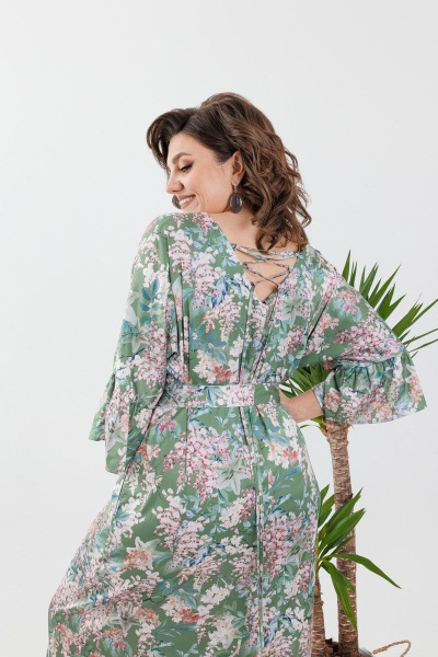 Платье прямое с V-образным вырезом и рукавами-фонариками Anelli 1071 зелень - фото 5