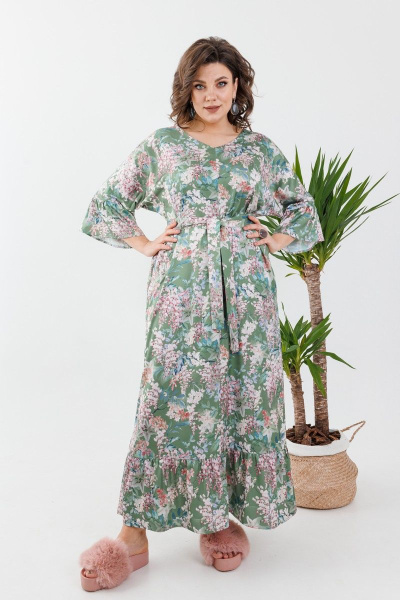 Платье прямое с V-образным вырезом и рукавами-фонариками Anelli 1071 зелень - фото 4