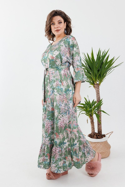 Платье прямое с V-образным вырезом и рукавами-фонариками Anelli 1071 зелень - фото 2