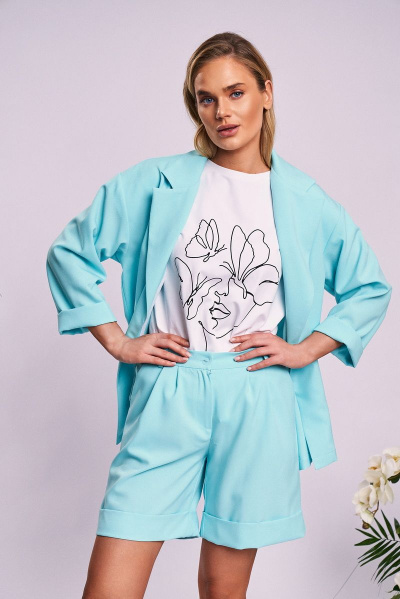 Жакет и шорты из льна, свободный летний комплект KaVaRi 8005 мята - фото 1